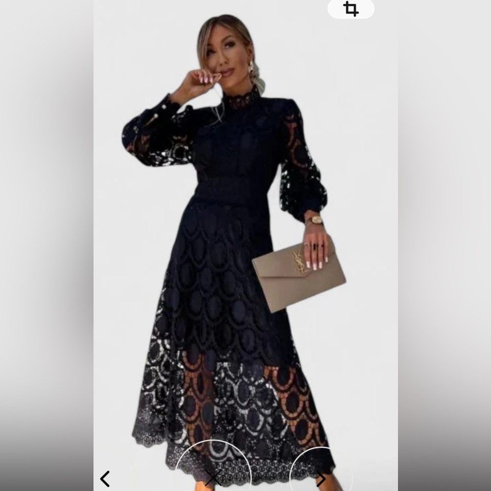 Elegant Black Lace Midi Dress with Sheer Hem